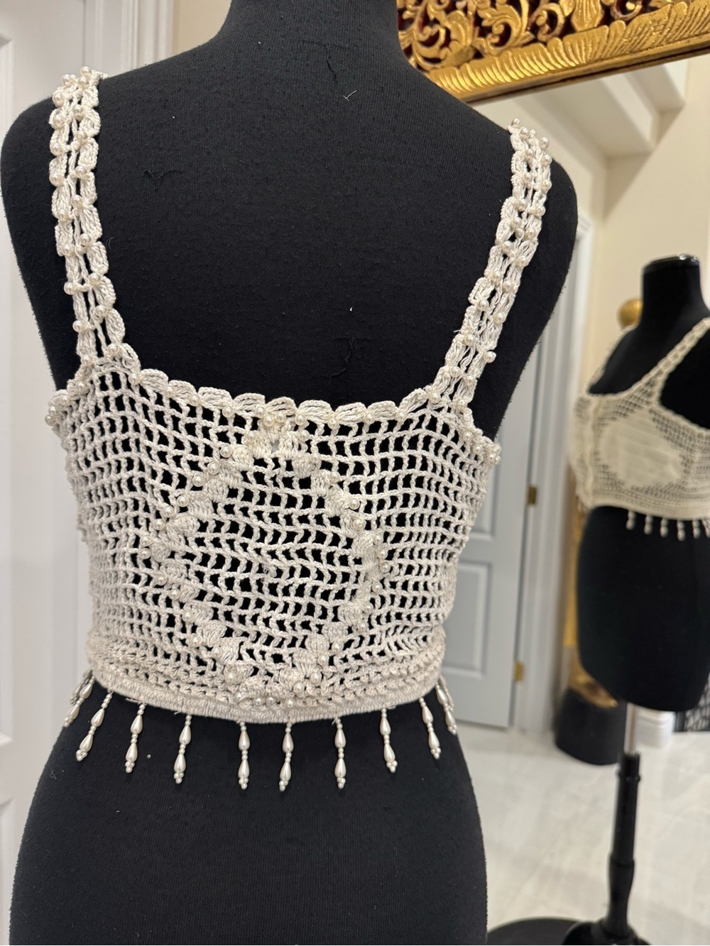 Cream Crochet Button-Front Camisole with Beaded Fringe - Picture 2 of 6